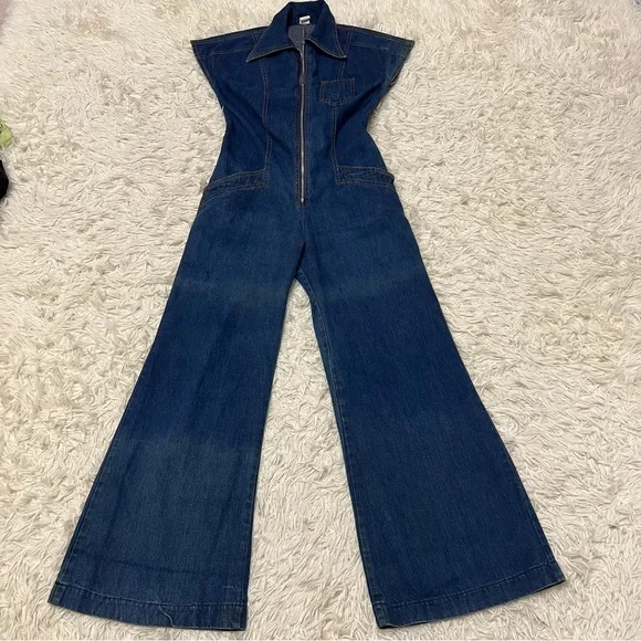 1970s Denim Jumpsuit Collared With Pockets Wide Leg Stretch Waist No Size C Pics - Picture 1 of 16